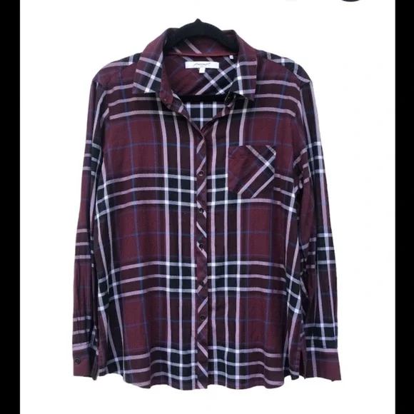 Foxcroft burgundy preppy plaid top shirt L14 - Picture 2 of 10